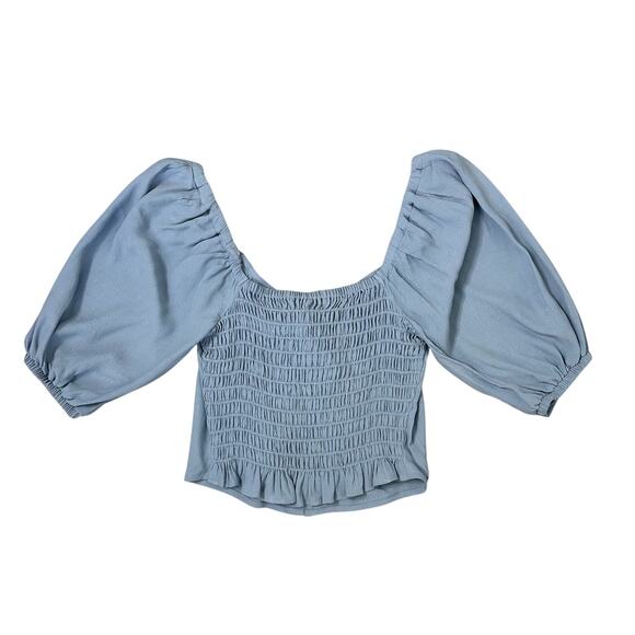 Open Edit Puff Sleeve Ruched Crop Top in Chambray Blue - Picture 6 of 8